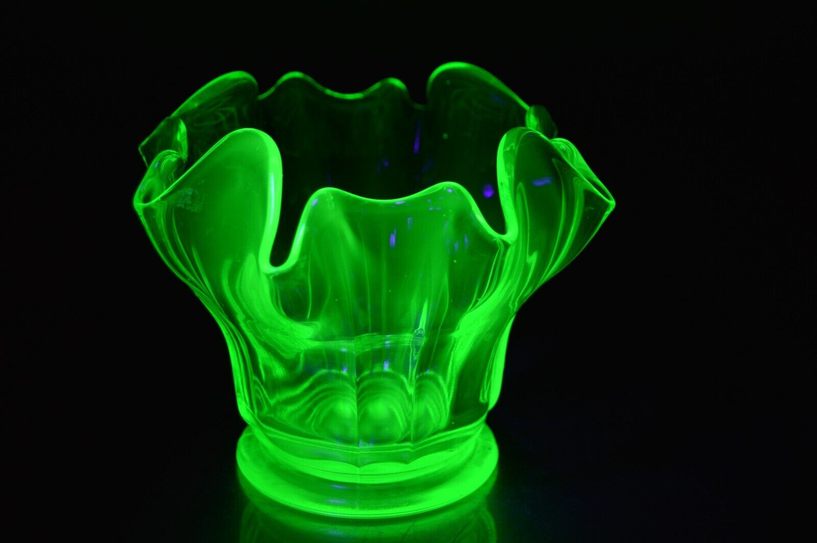 Vintage Uranium Glass Vase Dish Fluted Waved Edges GLOWS Art Deco Decor