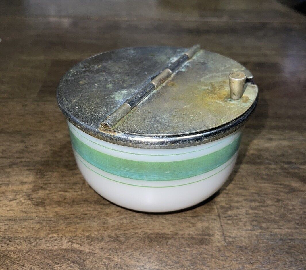 Vintage 1940\'s USA Medco NY Flip Top Sugar Bowl White W/ Green Stipe  Metal Lid