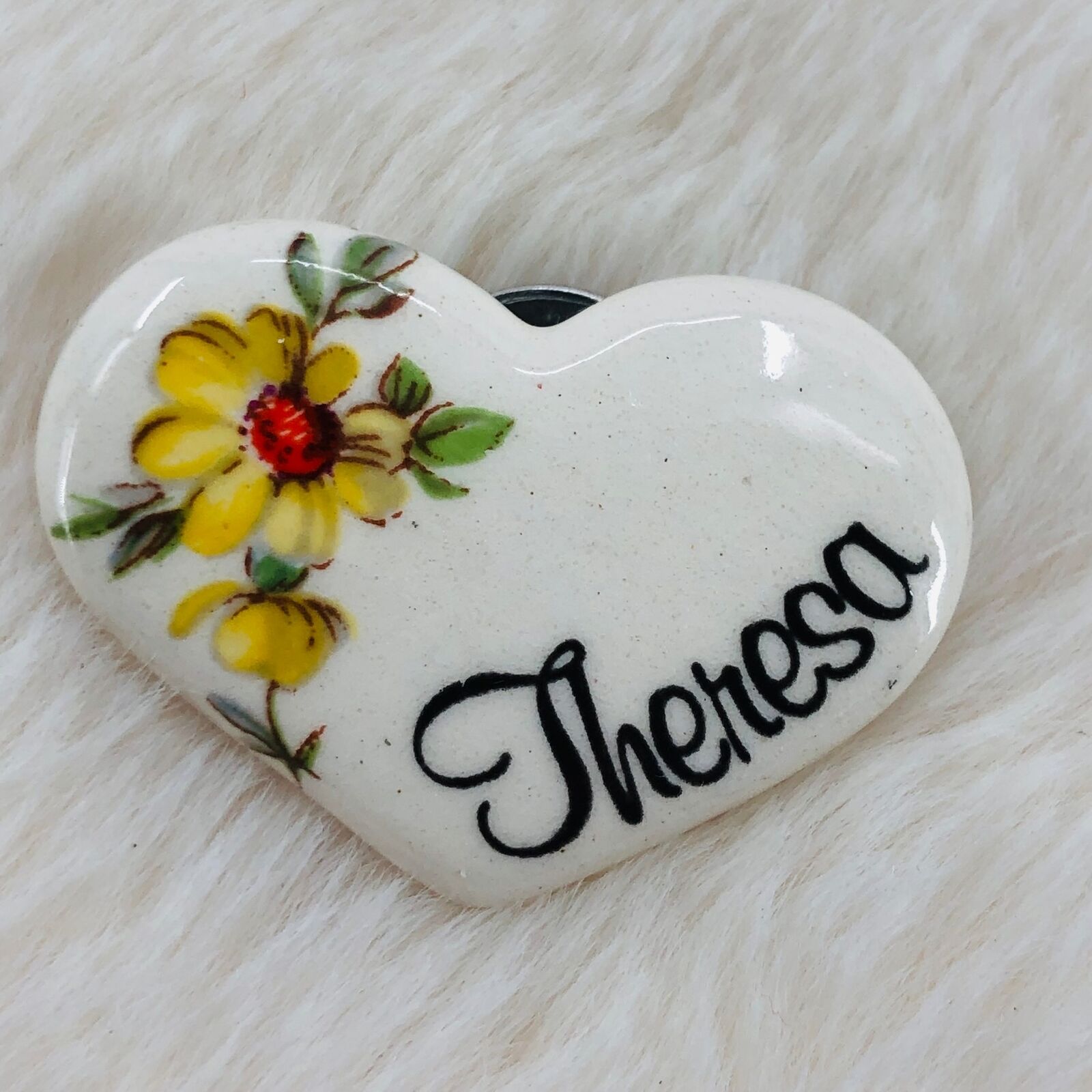 Vtg Ceramic Personalized Floral Heart Lapel Pin - Theresa