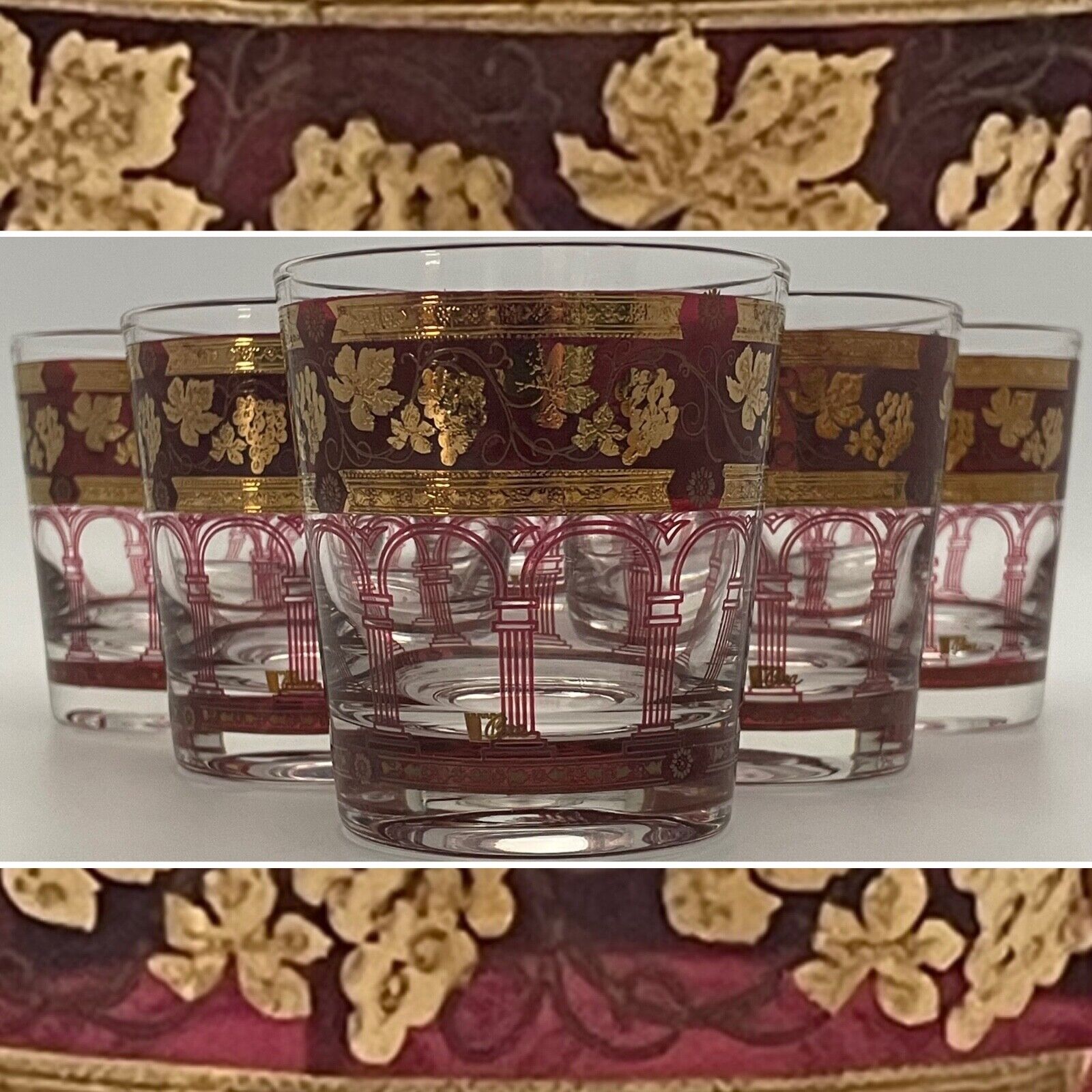 Cera Barware Golden Grapes Burgundy 24Kt Lowball 6pc Set Made in USA 3.25\