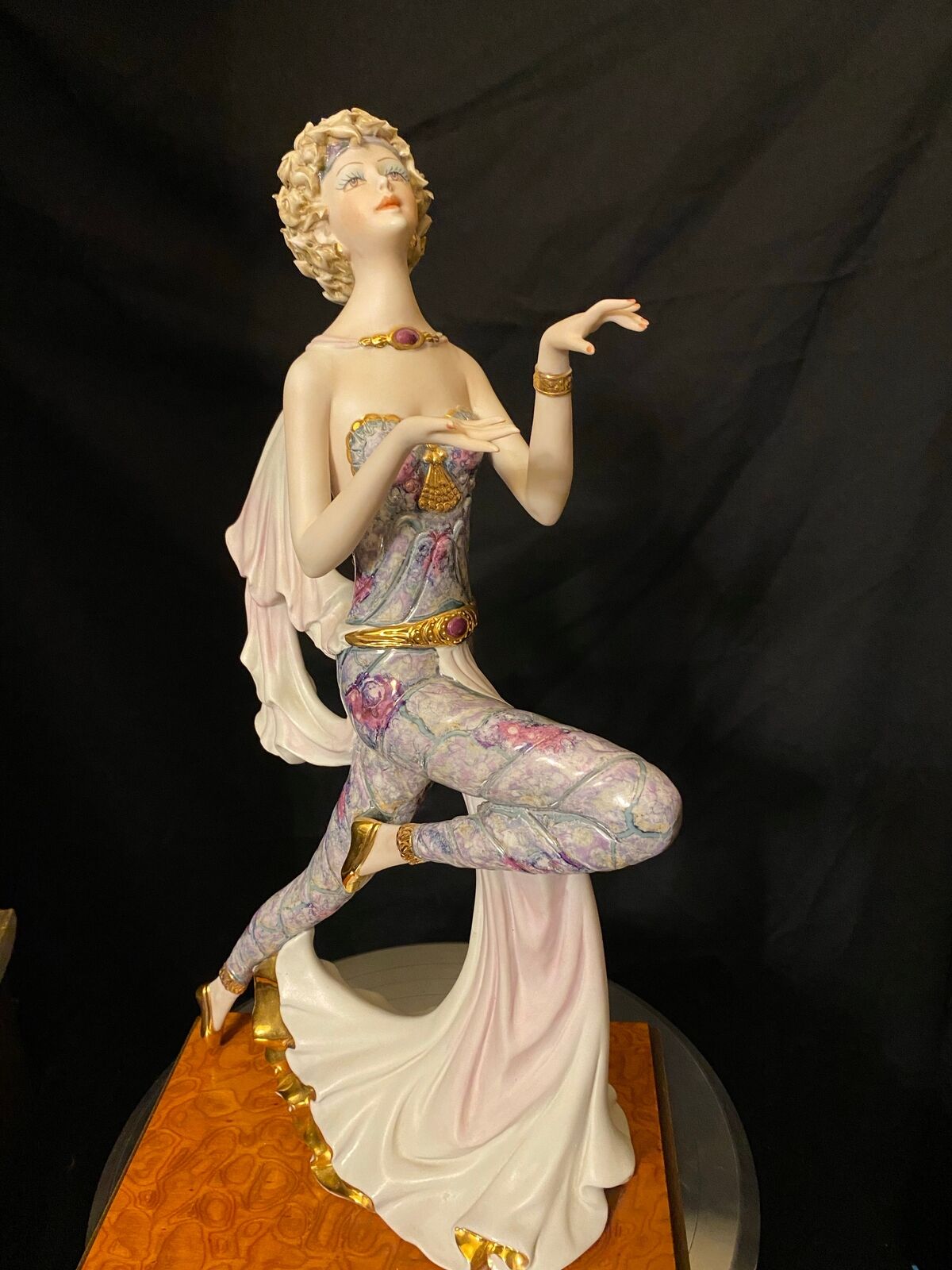 Vintage Dancing Lady With Cape By Victorio Sabadin Figure On Wood Bas, Porcelain
