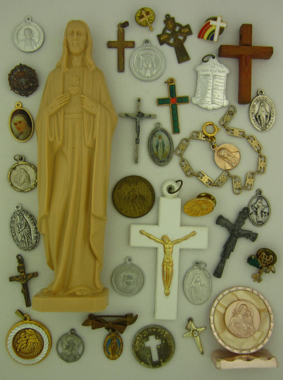 Vintage Catholic Lot of 33  Medals Crosses Pins Religious Holy Mini Statue