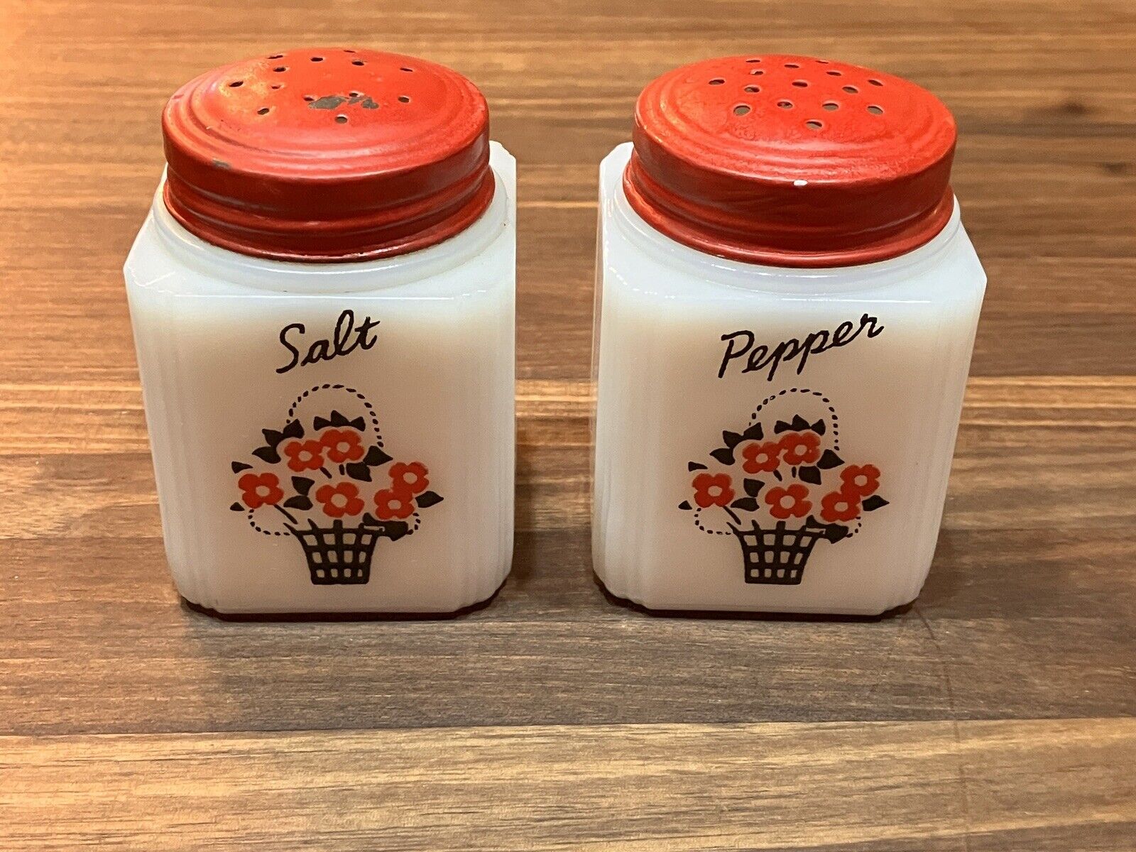 Vintage Tipp USA Milk Glass Salt and Pepper Shakers, Basket Of Flowers