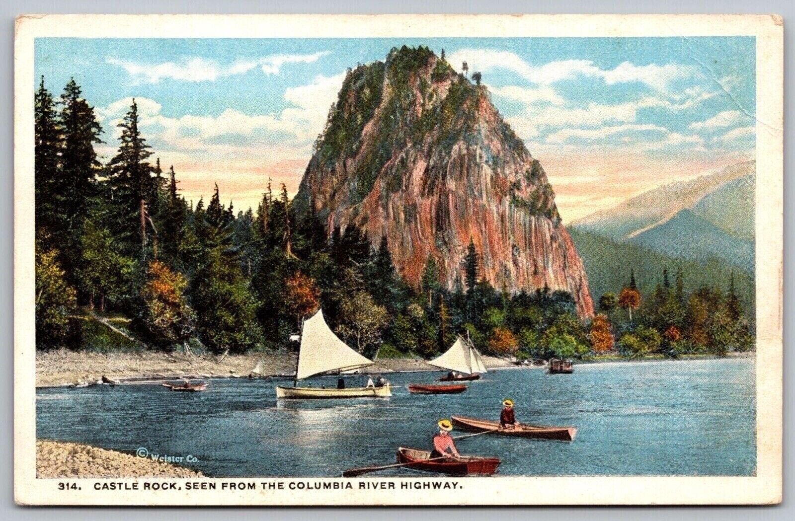 Postcard Castle Rock Seen From Columbia River Hwy Boating WB UNP American Art