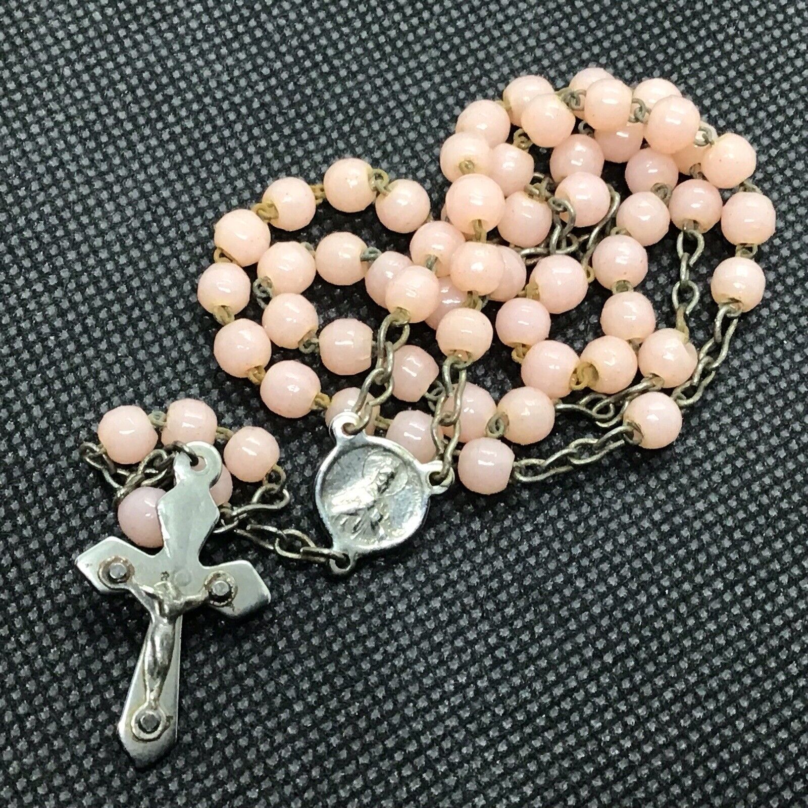 Antique VTG Estate Sterling Silver France Pink Glass Rosary Prayer Beads Cross