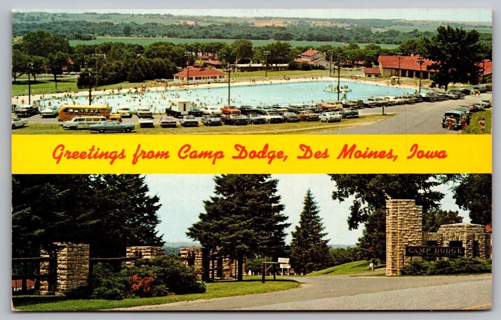 Greetings Camp Dodge Des Moines Iowa Street View Old Cars Entrance VTG Postcard