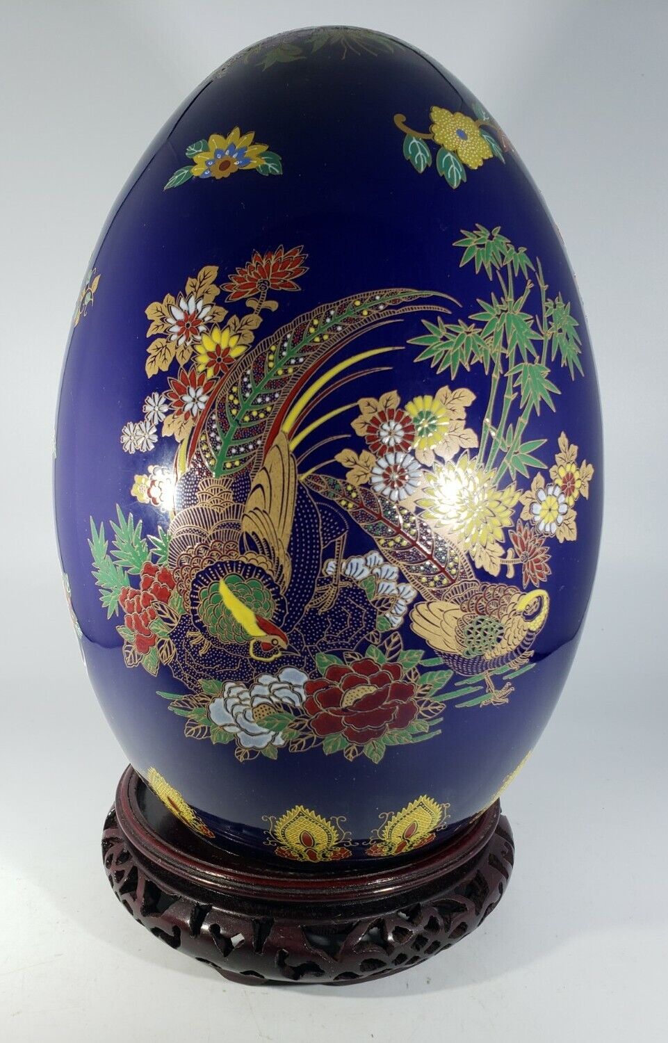 Large 13 Inch Asian Cobalt Blue And Gold Peacock Design Porcelain Egg On...