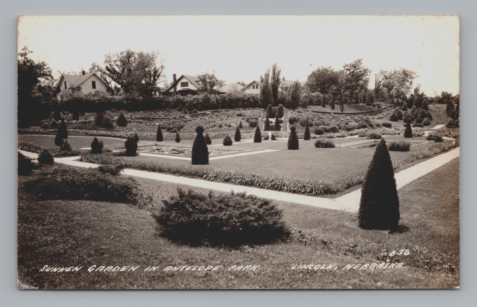 Postcard RPPC Sunken Garden In Antelope Park Lincoln Nebraska Houses Unposted