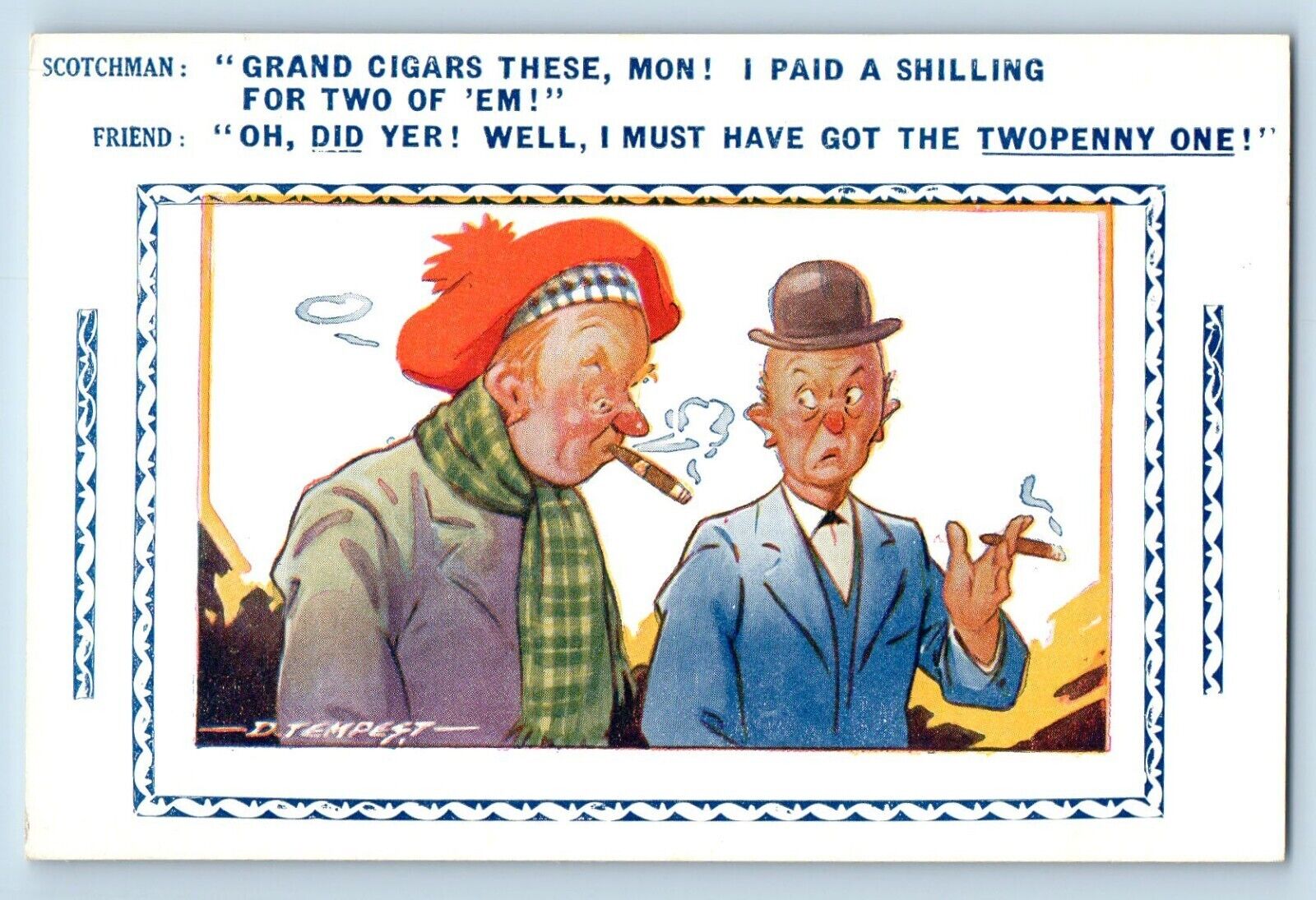 D. Tempest Signed Postcard Old Men Smoking Cigar Scotland Bamforth c1910's