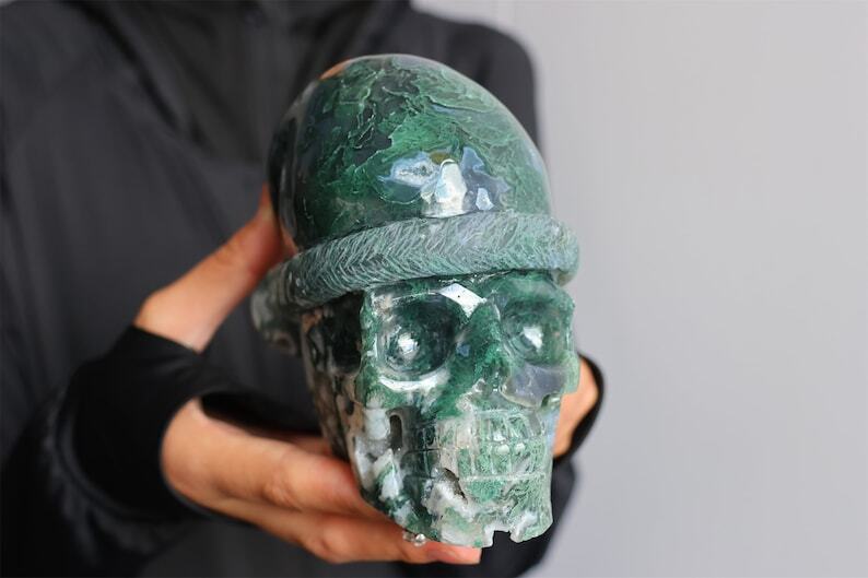 1.37KG Hand Carved Natural Moss Agate Santa Hat Skull,Crystal skull,Reiki Decor