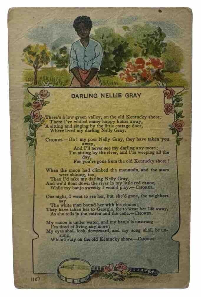 Antique Vtg Darling Nellie Gray Song Postcard Black Woman Banjo