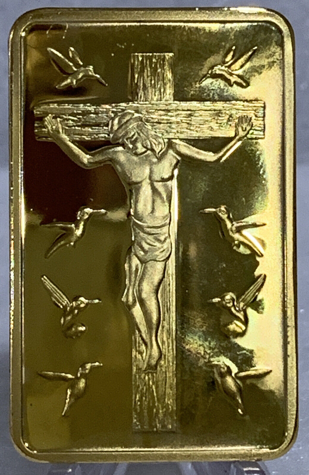 * Jesus Christ Crucified & 10 Commandments Gold Plated Bar Metal Coin In Capsule