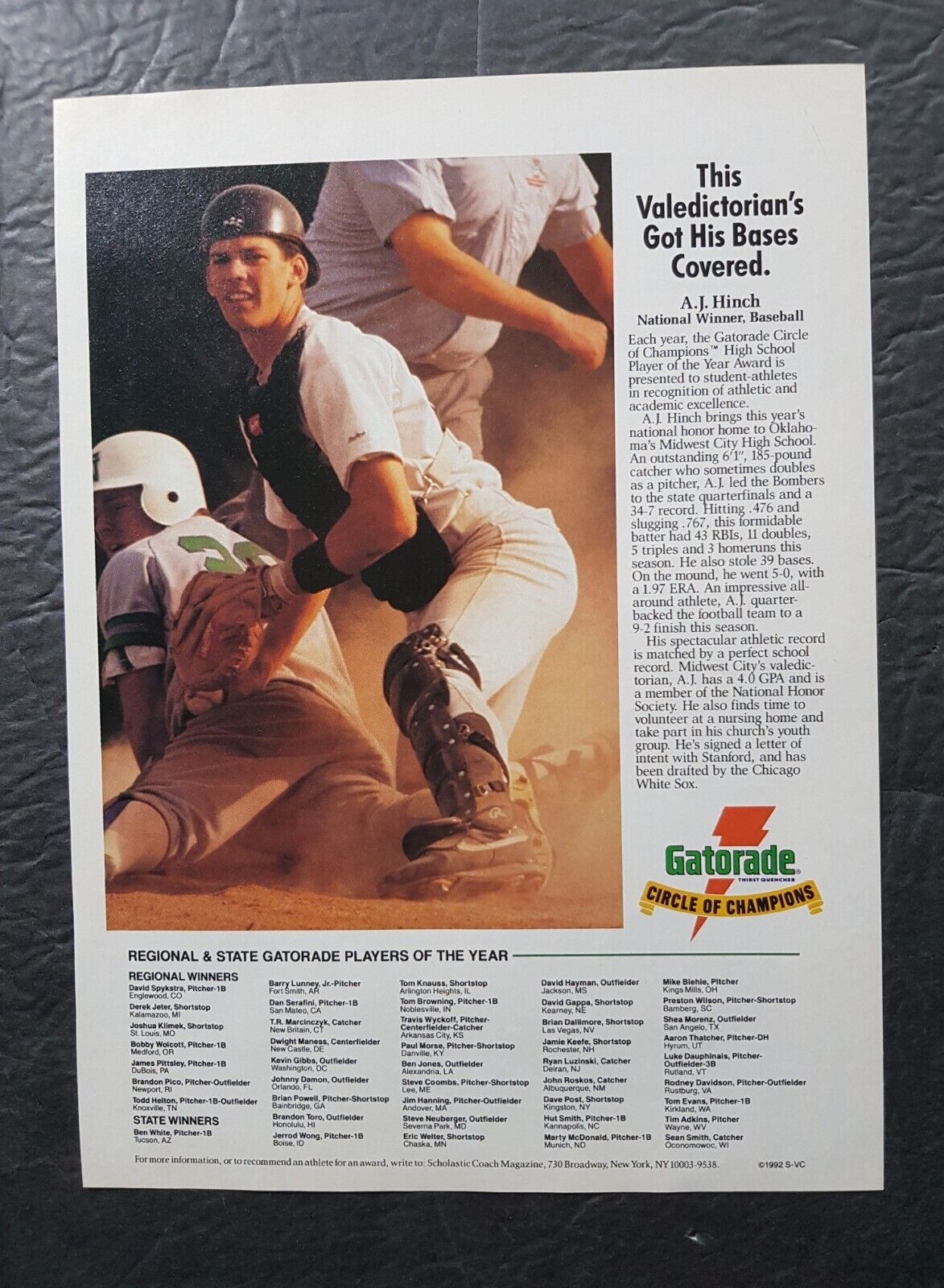 A.J. Hinch Gatorade High School Player Of The Year Award Promo Print Ad 1992