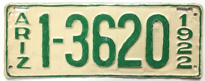 Arizona 1922 License Plate 1-3620 Maricopa County DMV Clear