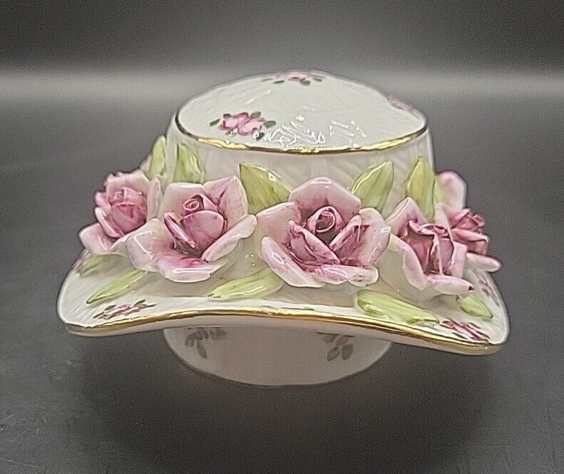 Limoges China Trinket Box (Fancy Hat With Purple Flowers)