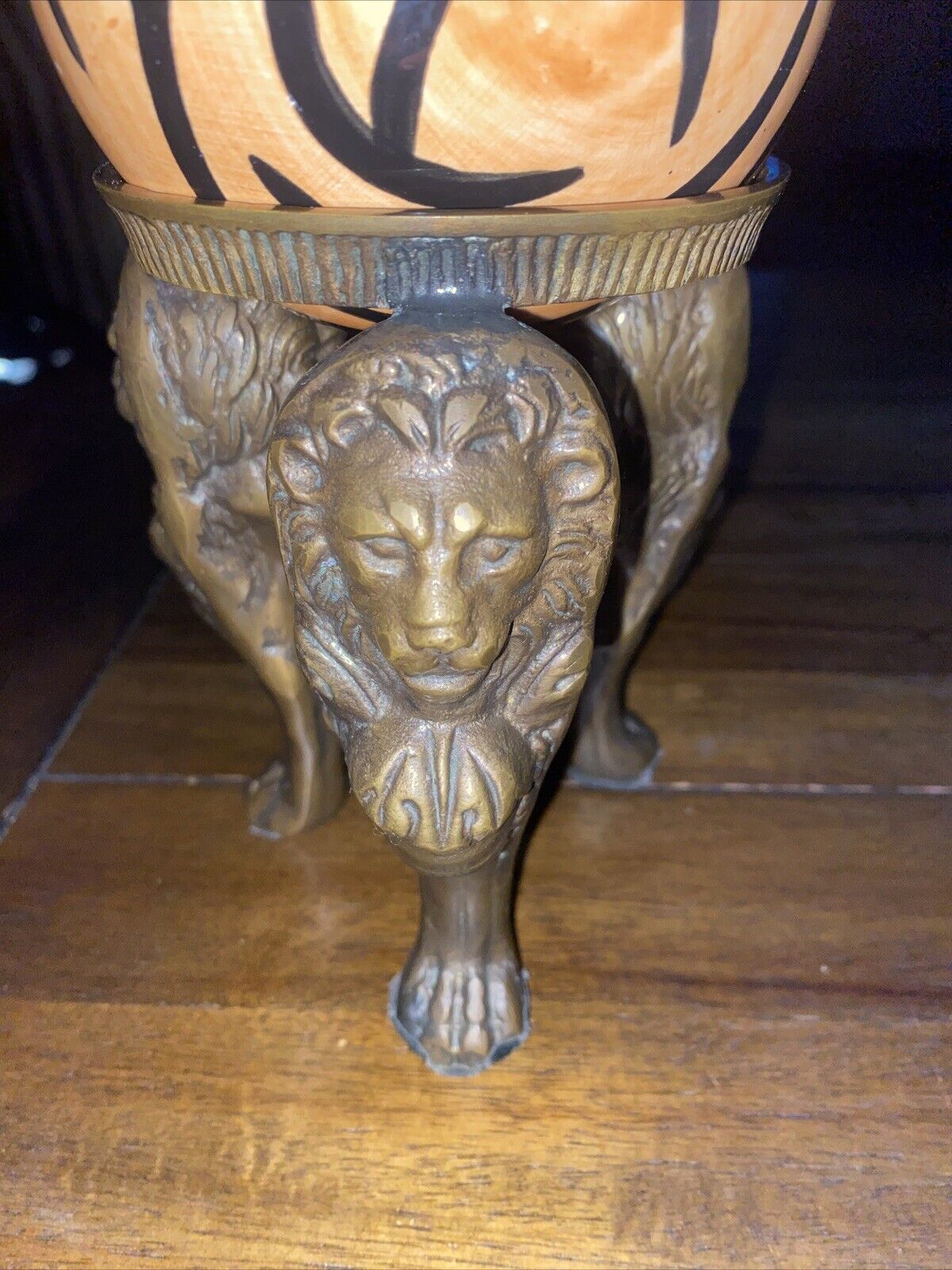 6” Three Brass Lion W/ Animal Print Tiger Ceramic Sphere  Vintage Table Decor