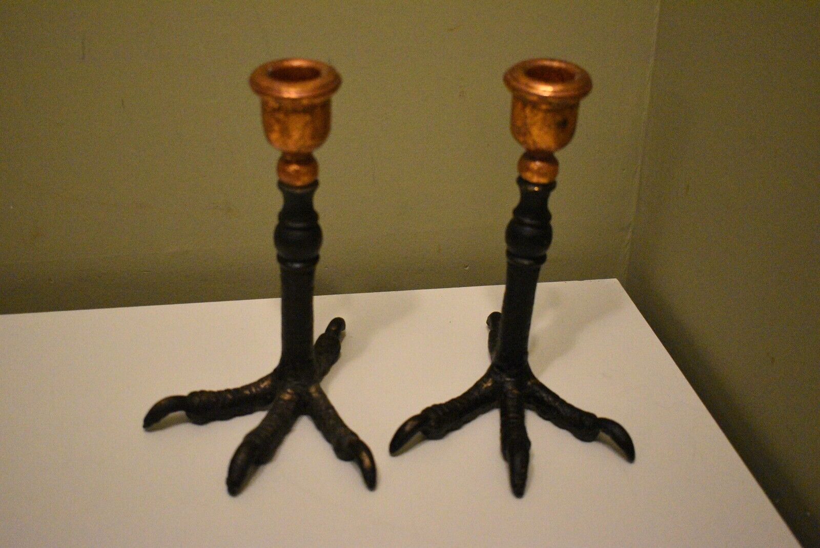 Pair Cast Metal Gothic Crow Claw Foot Talon Candle Holders Candlesticks