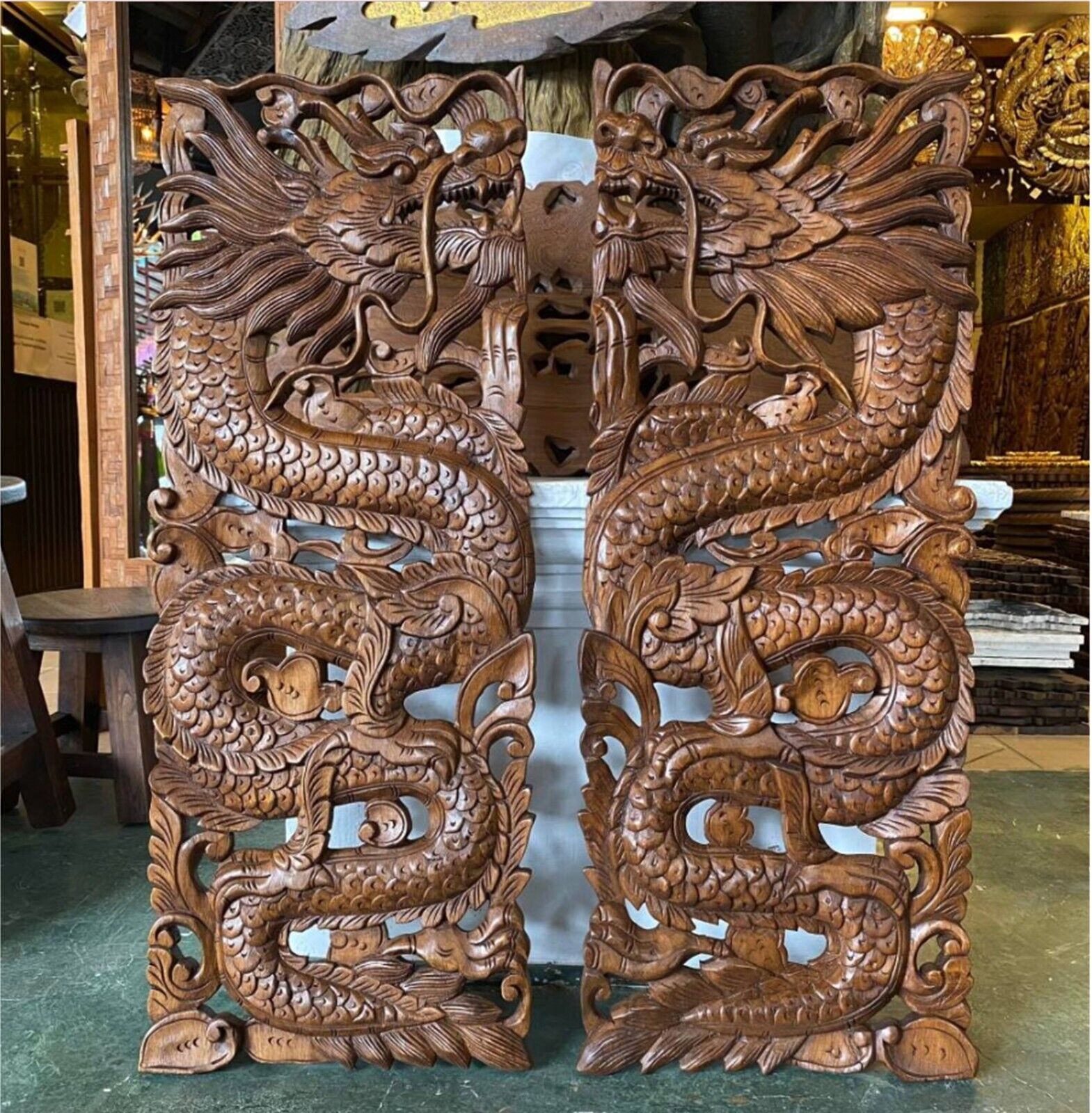2 Wood Carved Chinese Dragons Handicraft Home War Décor Art Pattern Teak Thai