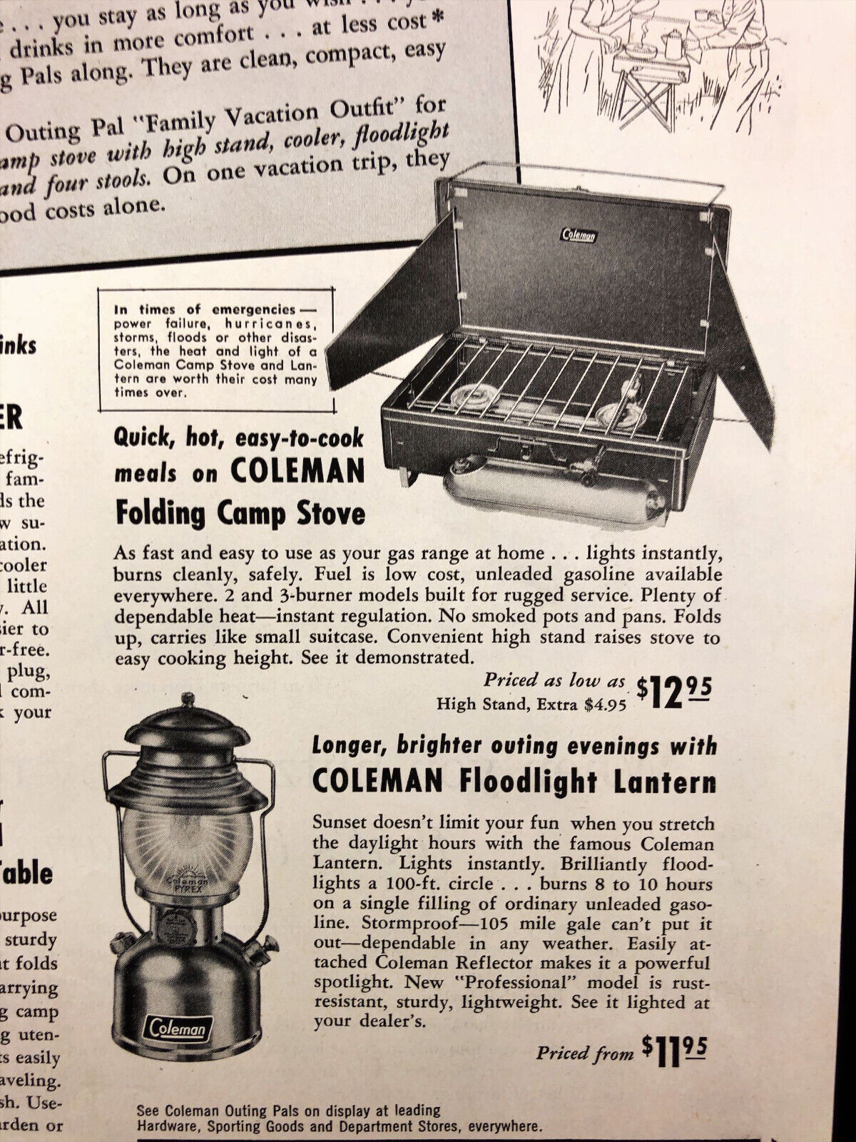 1955 Coleman Camp Stove Lantern Cooler Vintage Print Ad Outing Pals