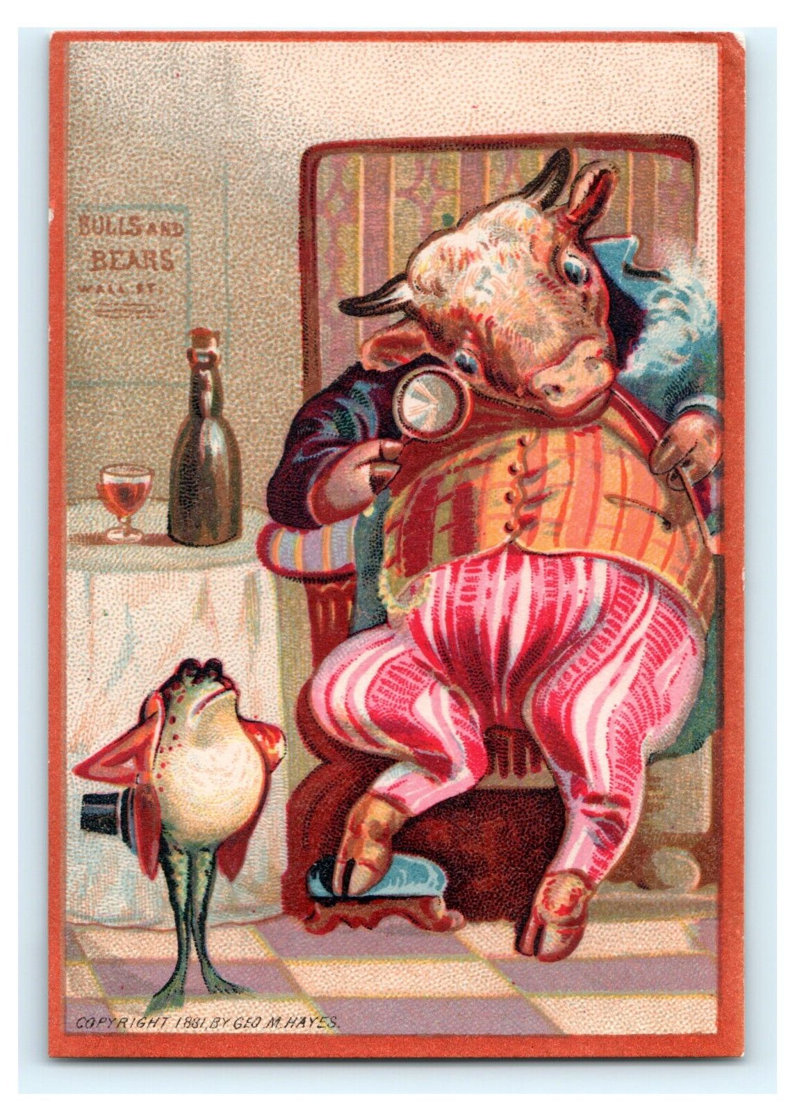 1881 Geo. H Hayes Anthropomorphic Bulls & Bears Frog Comical Scene