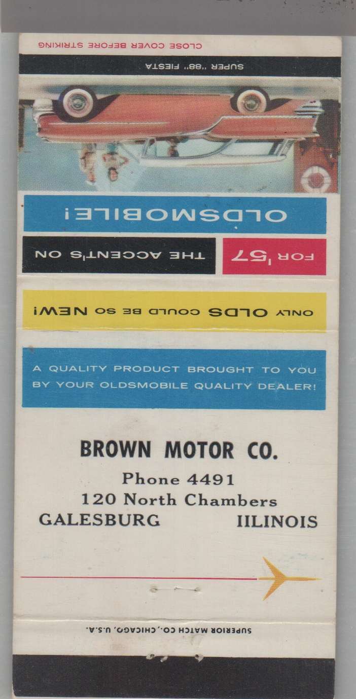 Matchbook Cover - 1957 Oldsmobile Dealer - Brown Motor Co. Galesburg, IL