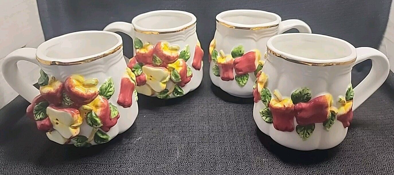 Vintage KMC Ceramic 3D Apples Coffee Cup Mugs Set Of 4 