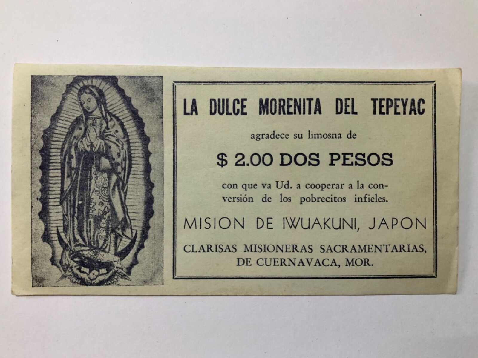 Vintage Virgen de Guadalupe Japan Mission Iwakuni Donation ticket México