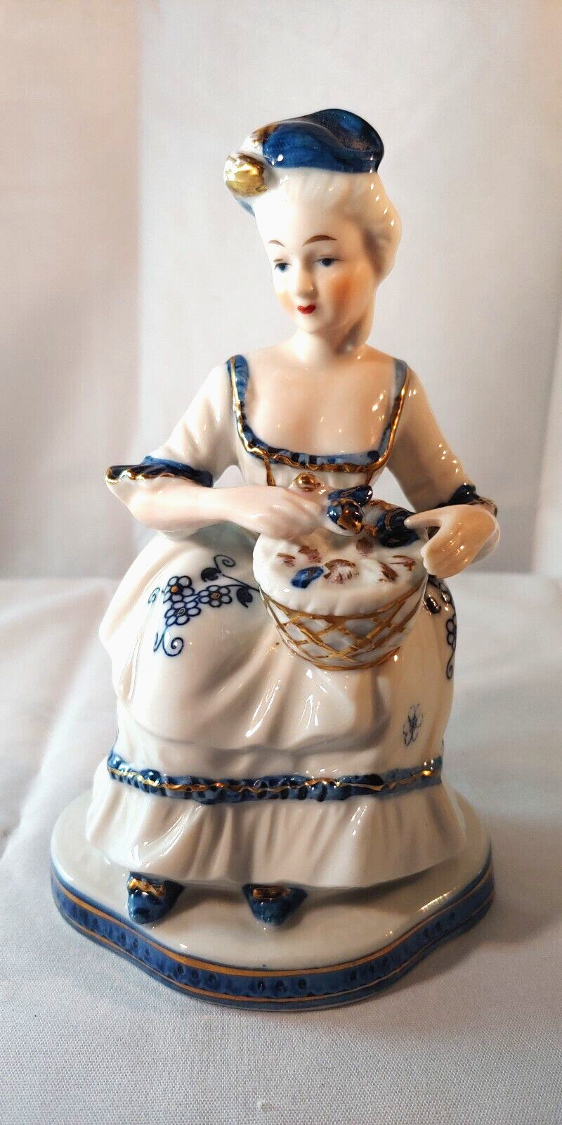 Vintage KPM Porcelain Blue and White Victorian Lady with Basket Figurine & Stand