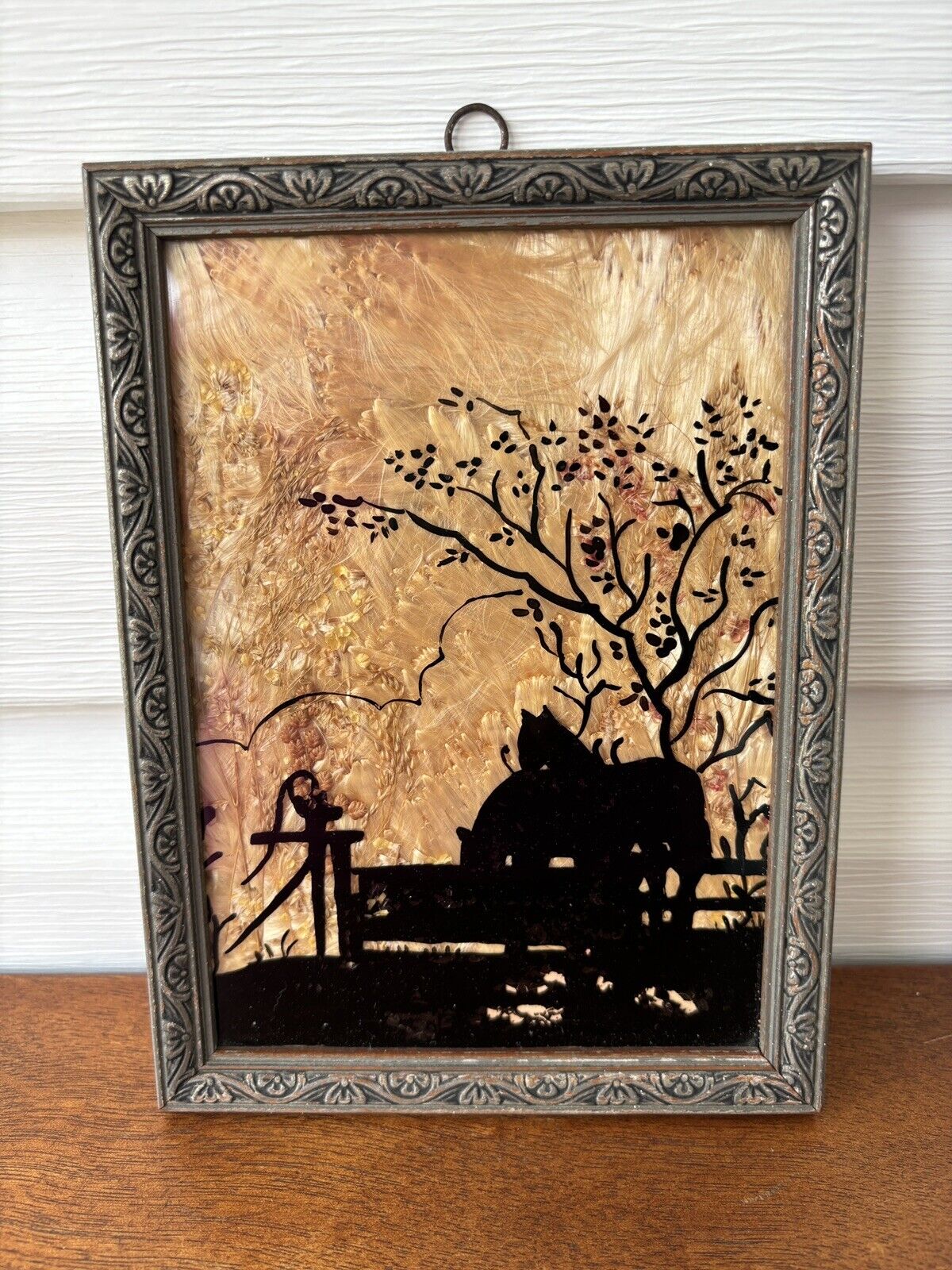 Framed Reverse Painted Horses Silhouette w/ Feathers, Dried Flowers Antique