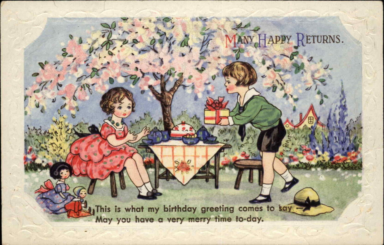 Birthday Children\'s Tea Party Vintage Dolls c1910 Gel Vintage Postcard