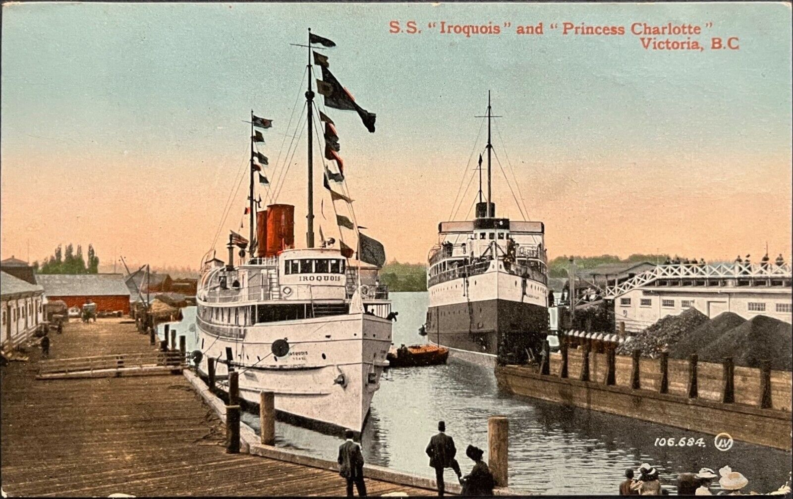 1912 PC SS Iroquois, Princess Charlotte in harbor Victoria B.C. Valentine & sons