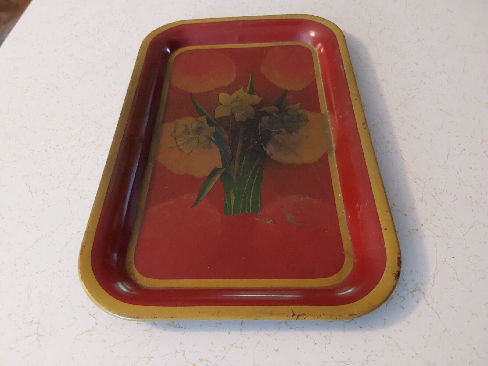 Vintage METAL DECORATIVE TRAY with Flowers 14 x 9