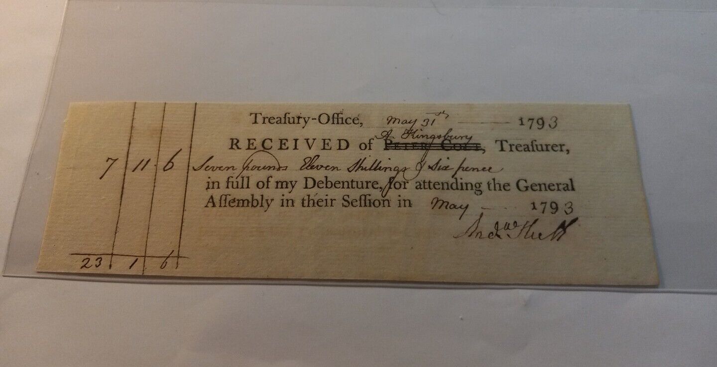 1793 dated Connecticut Pay Order for Attending the General Assembly MINT Cond.