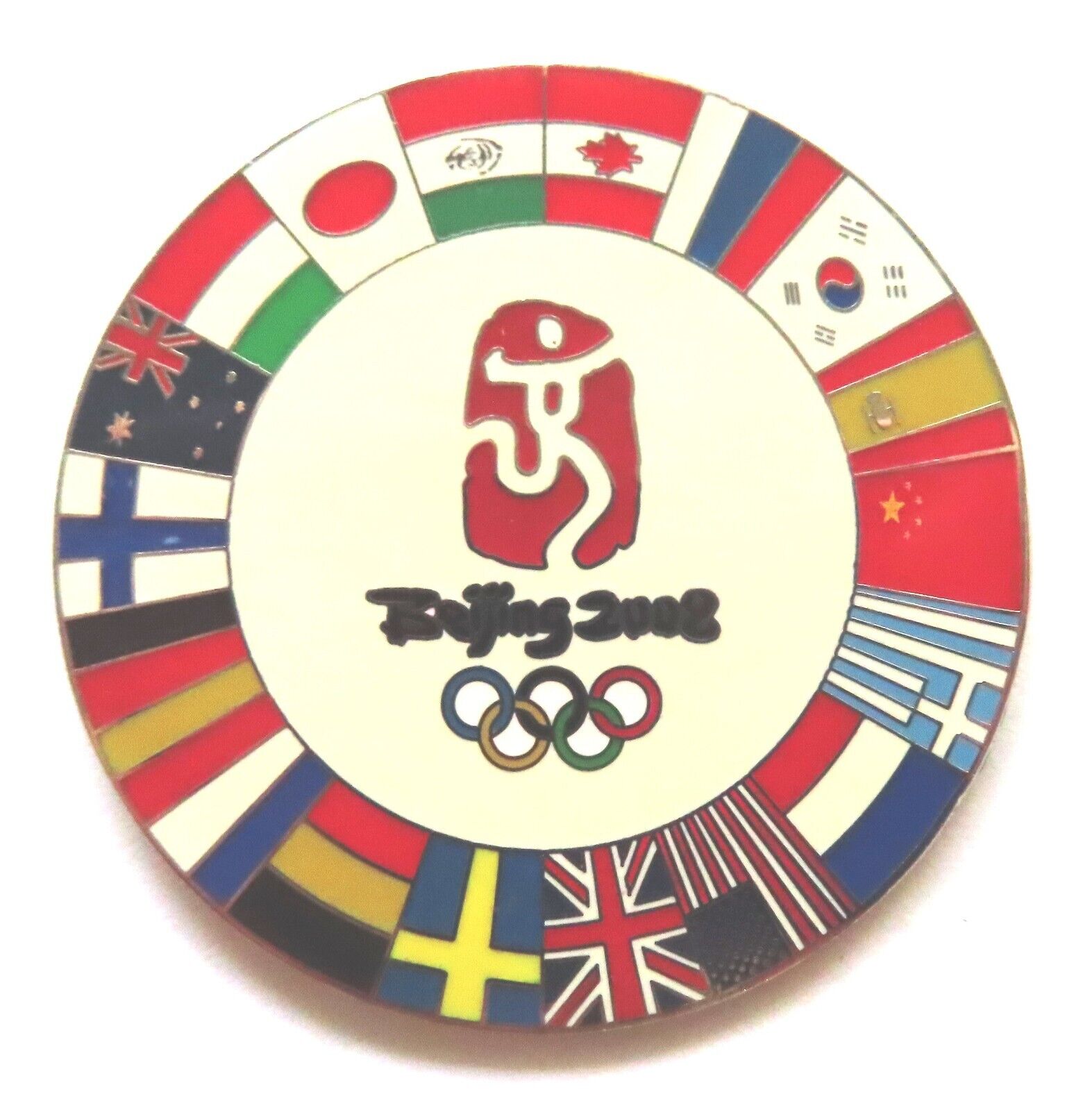 2008 Beijing Olympics pin: Official emblem surrounded by 18 national flags
