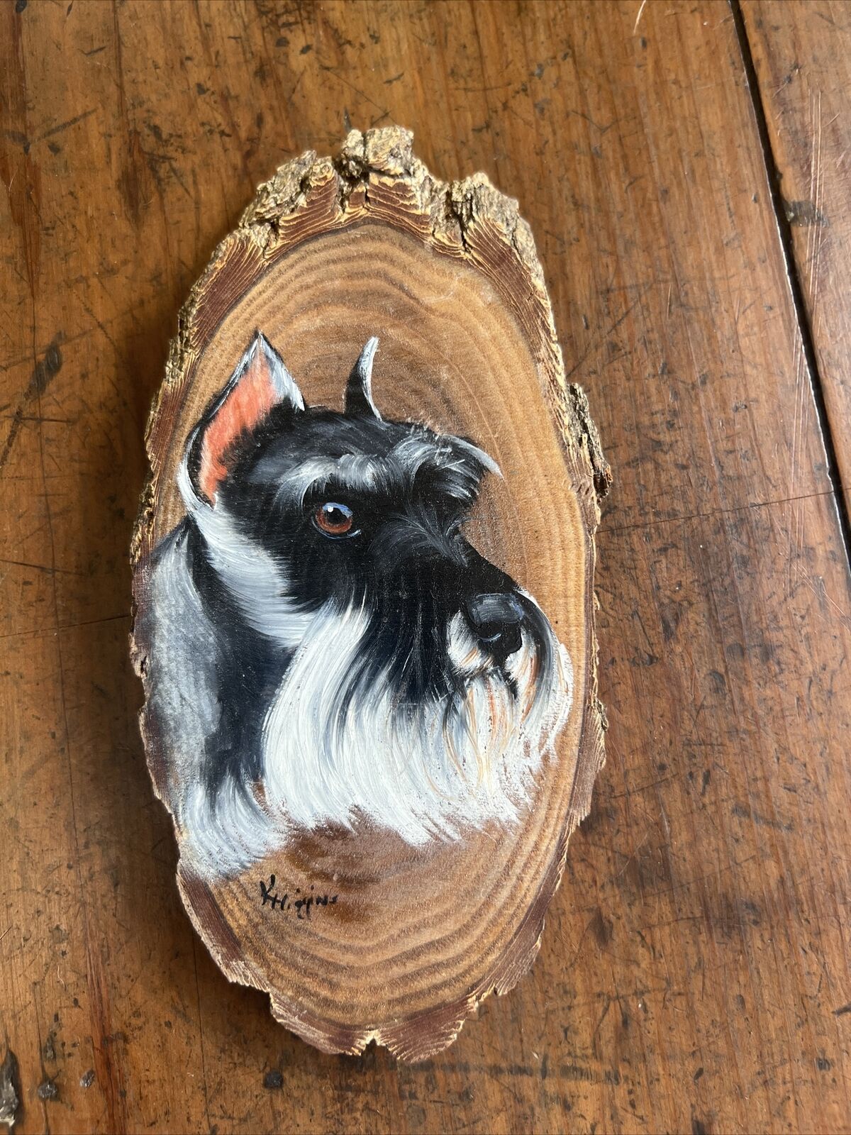 Vintage Hand painted Schnauzer On Wood Signed K. Higgins Dog Painting