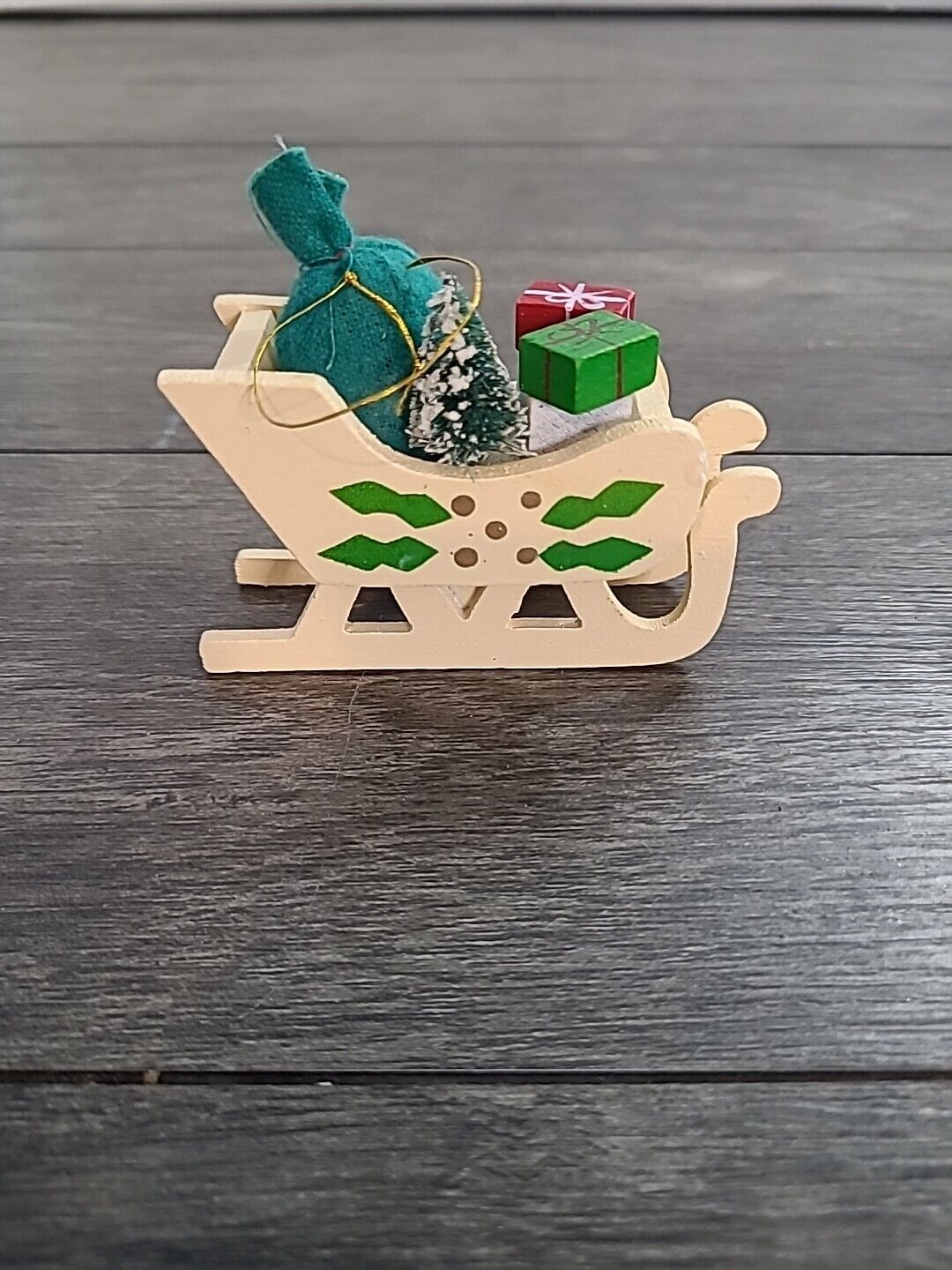 Vintage Wood Sleigh Chriatmas Ornament Made In Taiwan Hand Painted