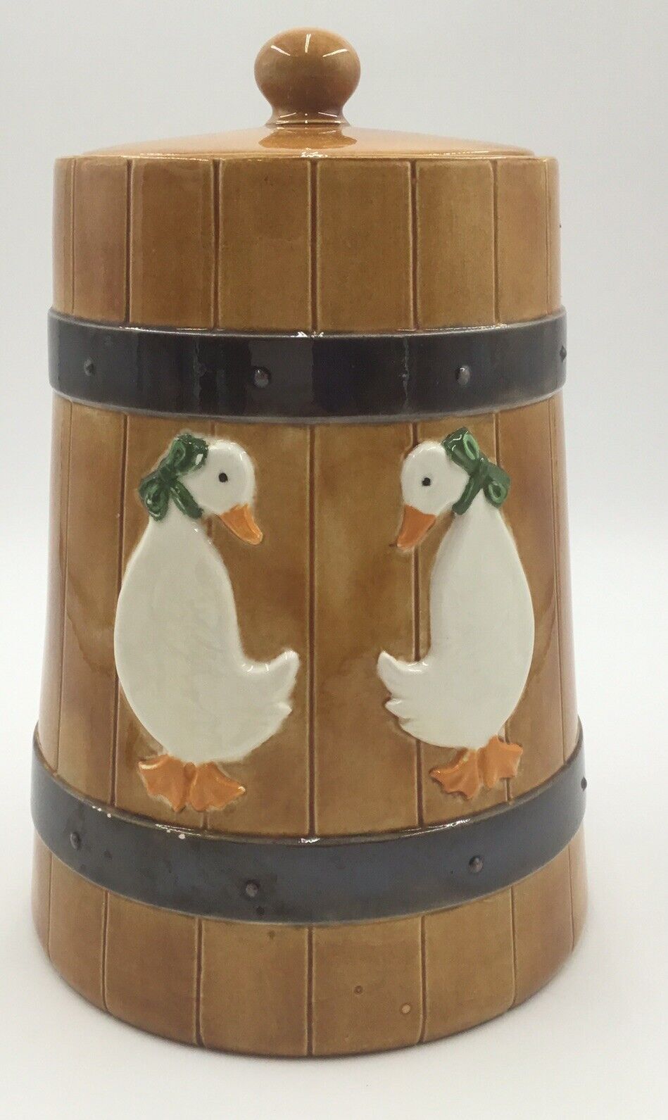 Churn Duck Canister Large Vintage Pottery Brown W/ Ducks Green Bows 10”Tall