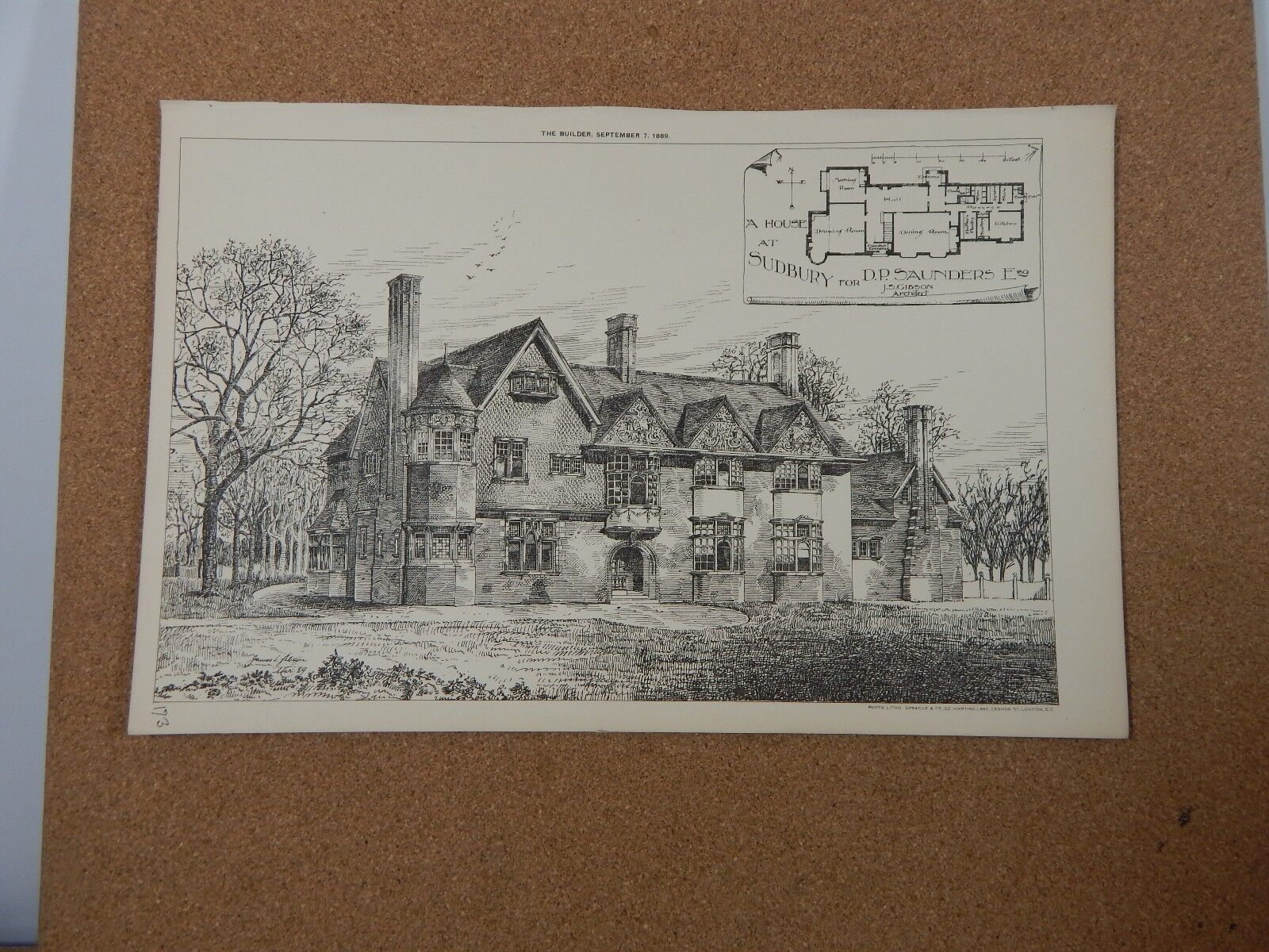 Antique Architects print A House at Sudbury The Builder 1889