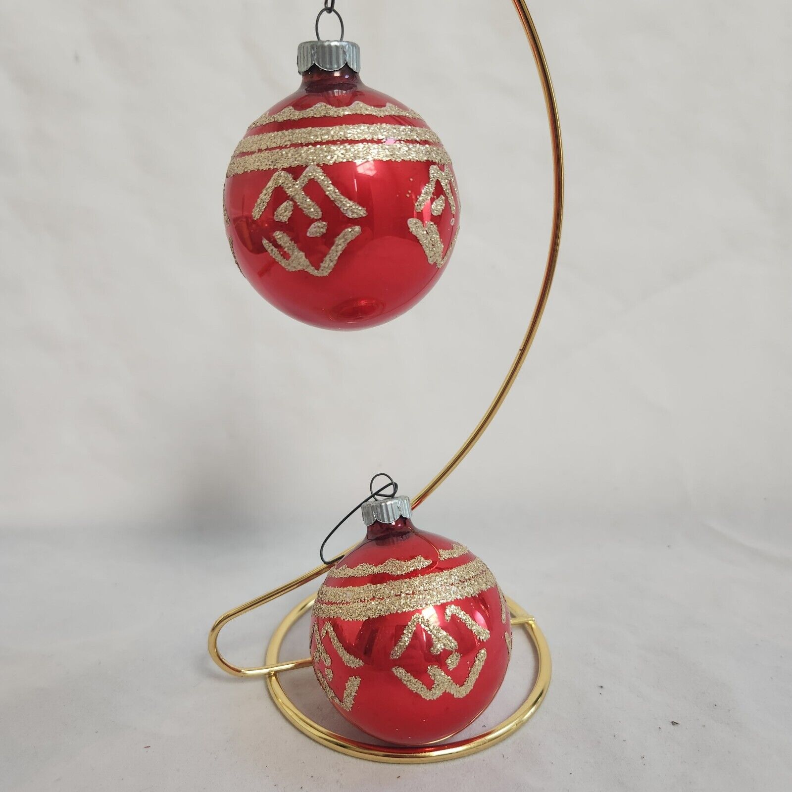Vintage Shiny Brite Gold Glitter Red Glass Ball Christmas Ornaments Stripes