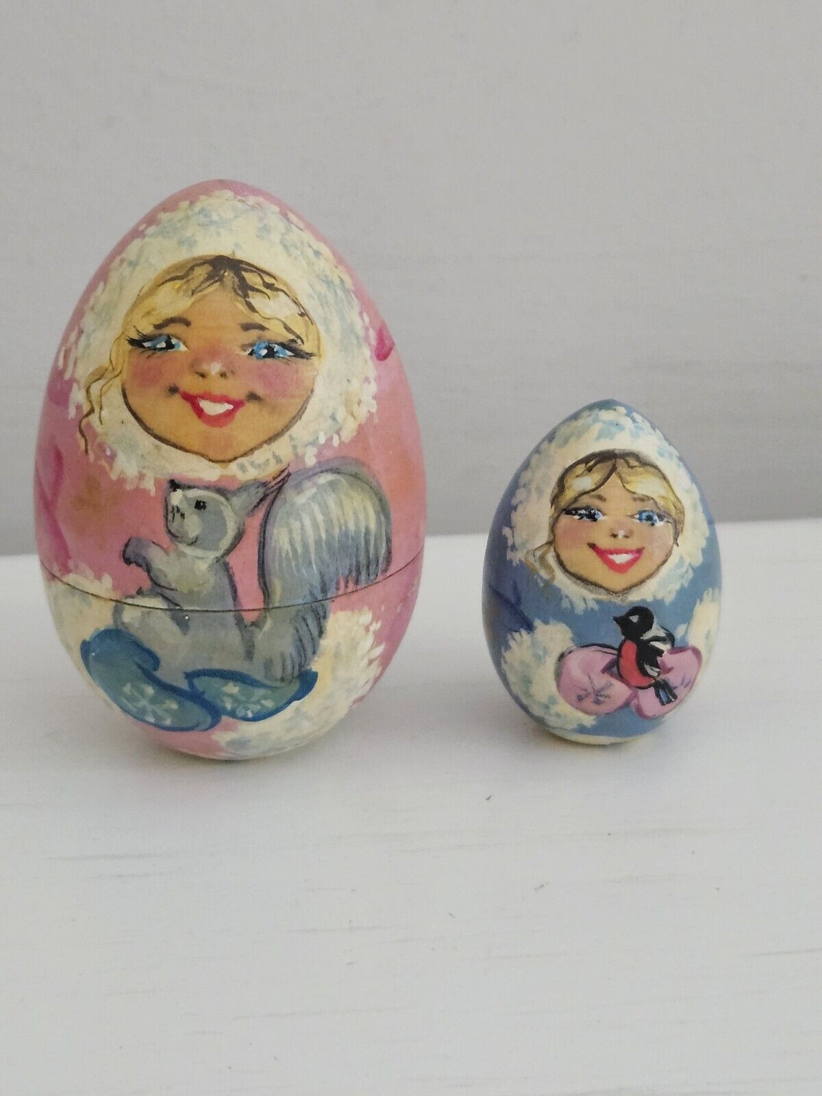 Vintage Wooden Hand-Painted Egg Nesting Doll Girl Squirrel Bird Set Of 2