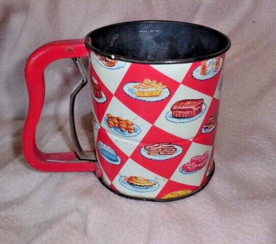 Androck Handi-Sift Vintage Kitchen Tool Sifter Colorful Red White Illustrated