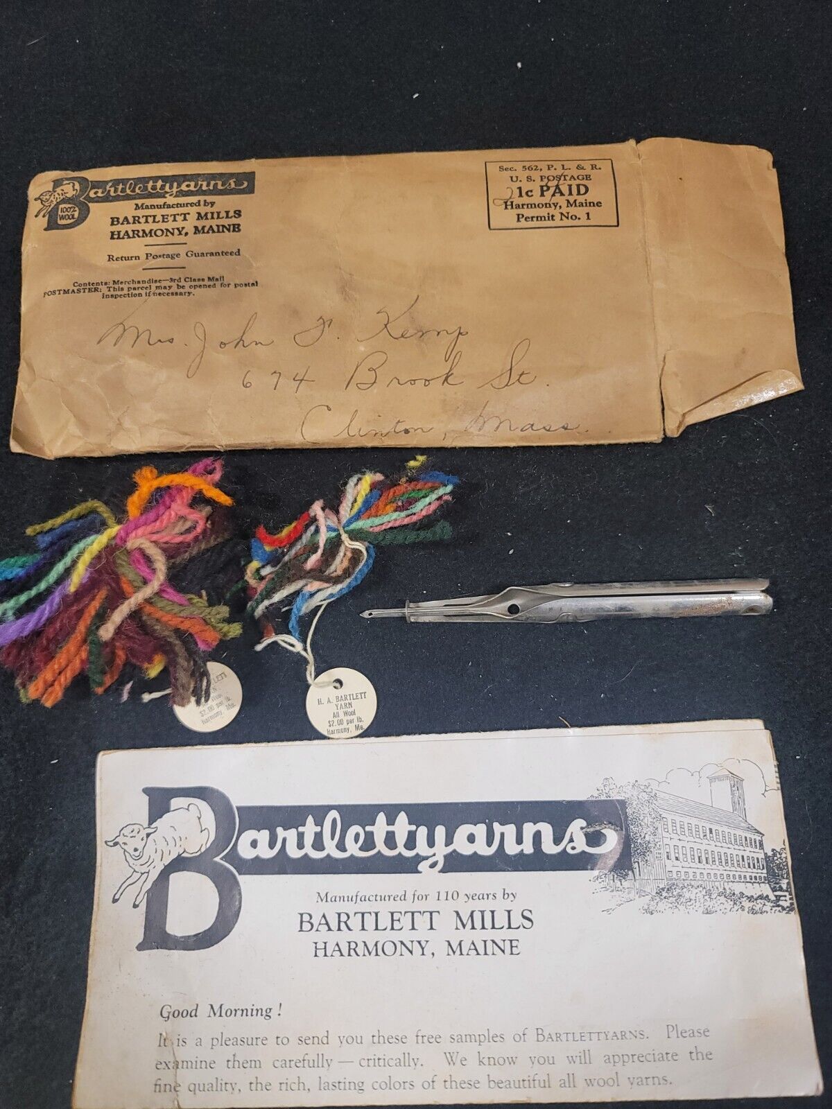 1800\'s Bartlett Mills, Harmony, Maine, Yarn Sample Kit With Original Envelope
