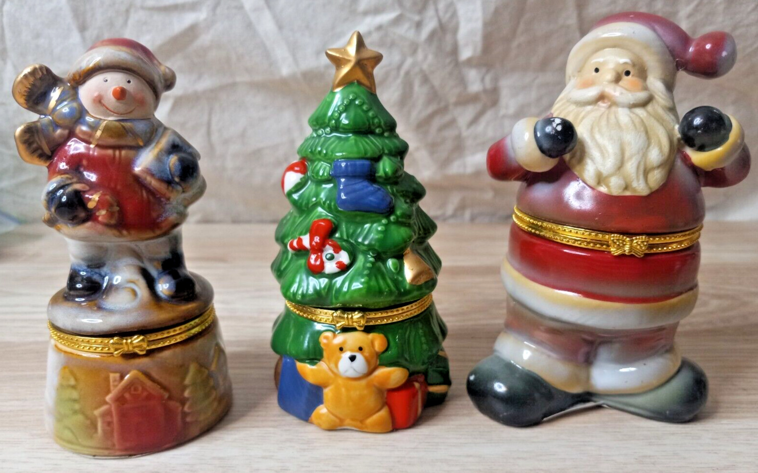3x Porcelain Trinket Box Snow Washed Santa Snowman Christmas Tree