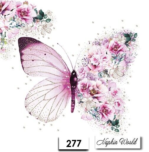 (277) TWO Paper LUNCHEON Decoupage Art Craft Napkins - FLOWERS BUTTERFLY PINK