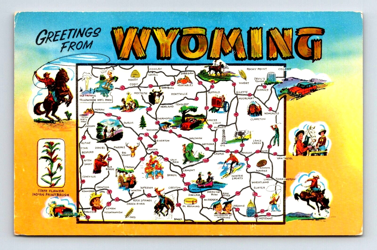 unposted postcard GREETINGS FROM WYOMING 5.5x3.5 inch