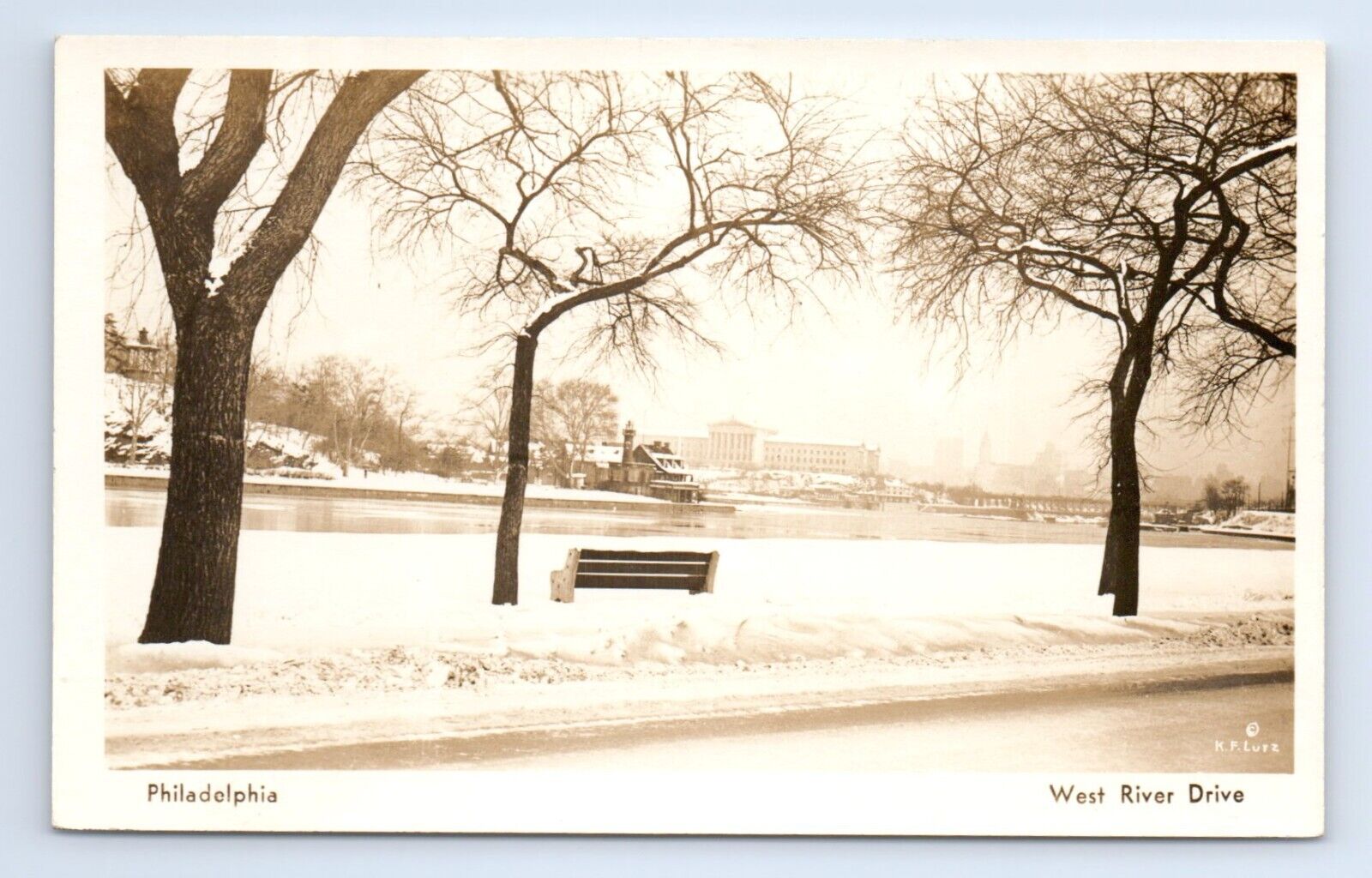 West River Drive Schuylkill River Winter Scene Philadelphia PA RPPC Postcard VTG