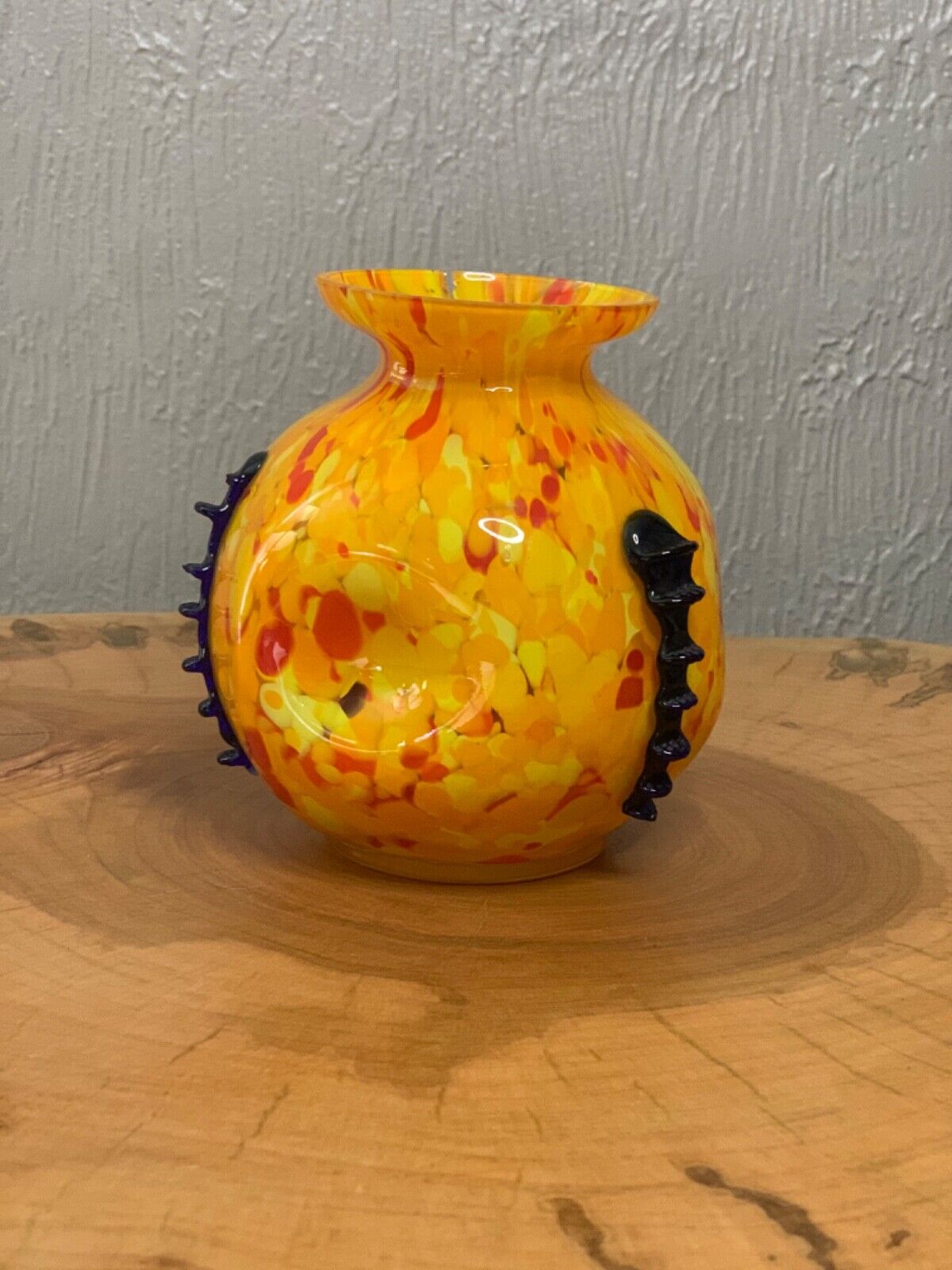 Unique Vintage Czech Glass Yellow and Orange Spatter Vase with Dark Blue Glass A
