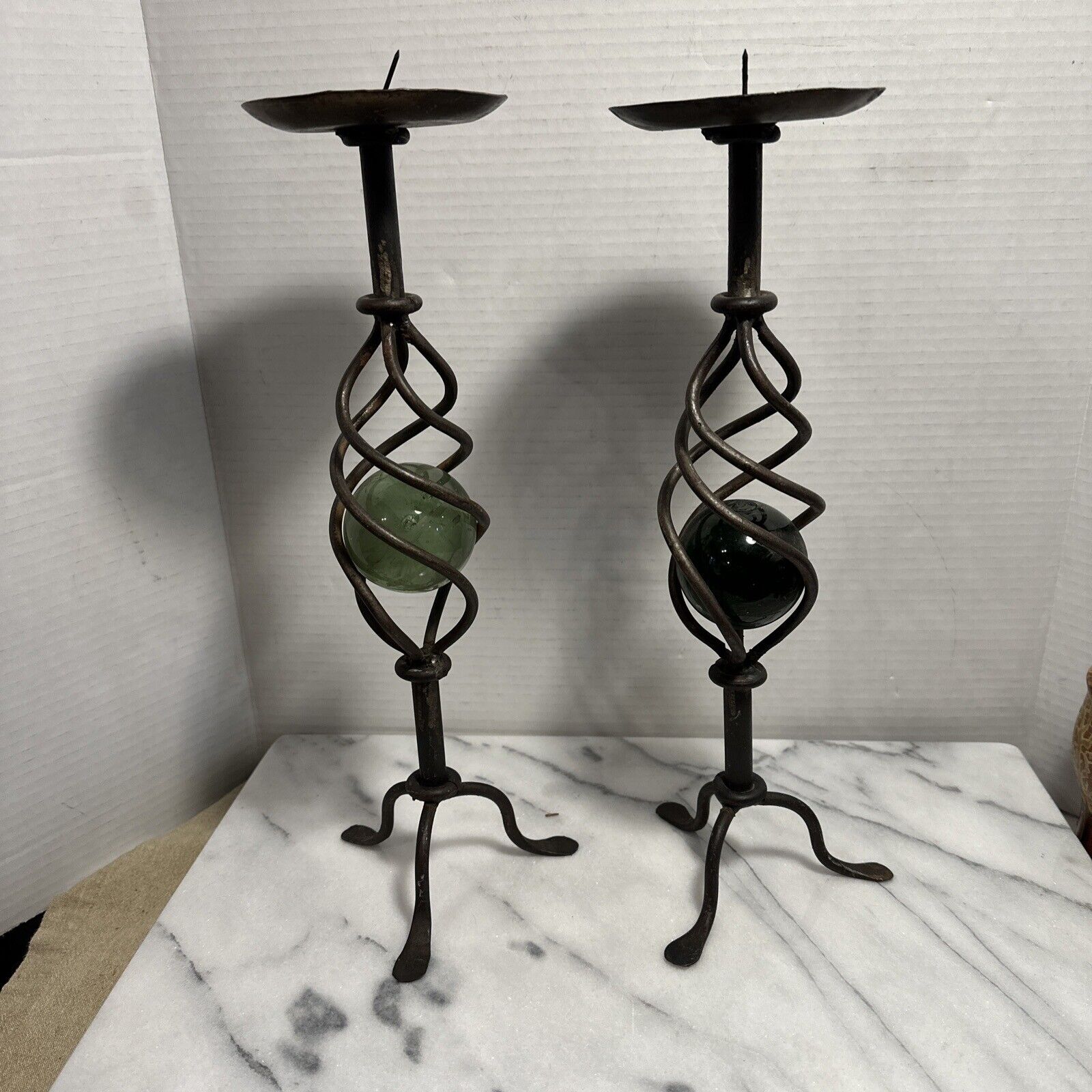 Candle Holders Wrought Iron Braided Torchiere Style Glass Ball Insert Set Of 2