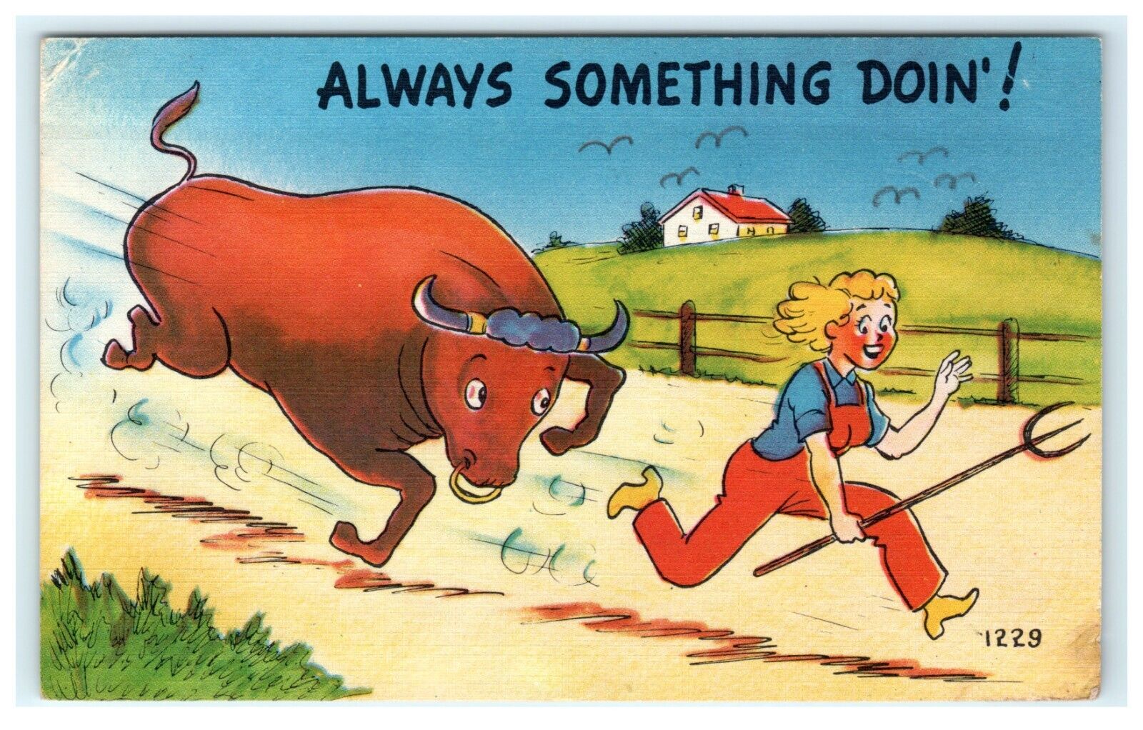 Always Something Doin Comical Bull Chasing Farm Woman Early Postcard