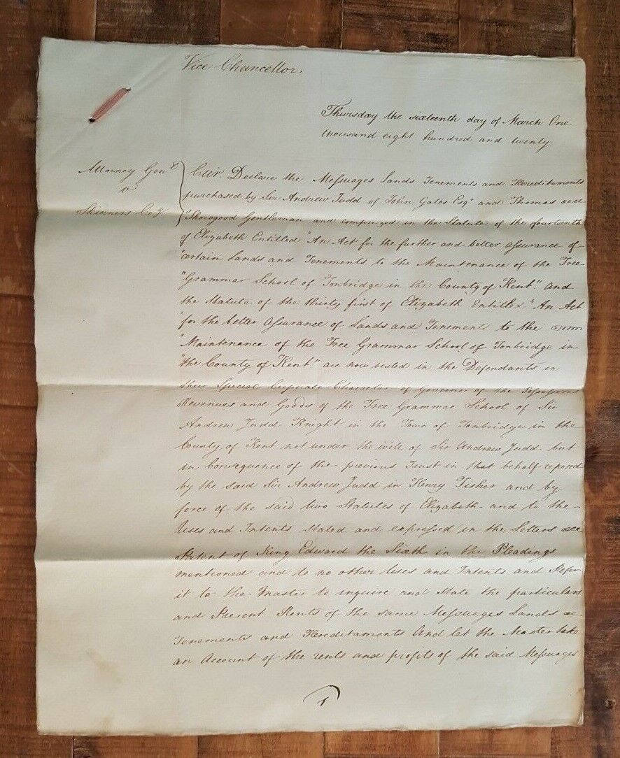 ANTIQUE English Hand Written Land Indenture/Sir Andrew Judd 16 March 1820/Signed